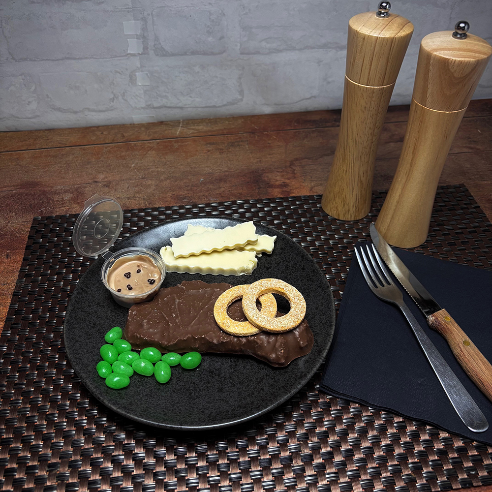 Chocolate Steak and Chips, presented on a plate